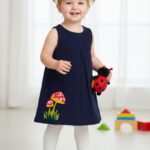 Fashionable Kids Wear for Girls 100% Organic Cotton Sleeveless Corduroy A-Line Frock with Mushroom Embroidered - Navy