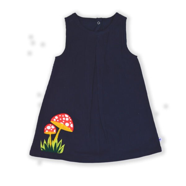 Fashionable Kids Wear for Girls 100% Organic Cotton Sleeveless Corduroy A-Line Frock with Mushroom Embroidered - Navy - Image 3