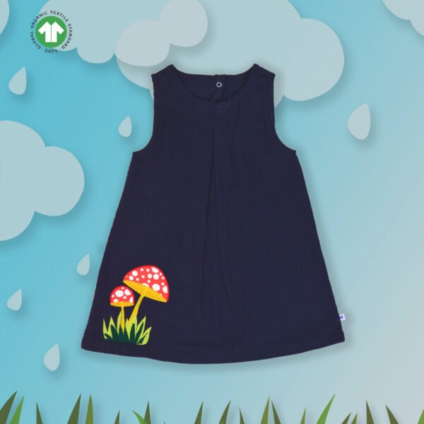Fashionable Kids Wear for Girls 100% Organic Cotton Sleeveless Corduroy A-Line Frock with Mushroom Embroidered - Navy - Image 2