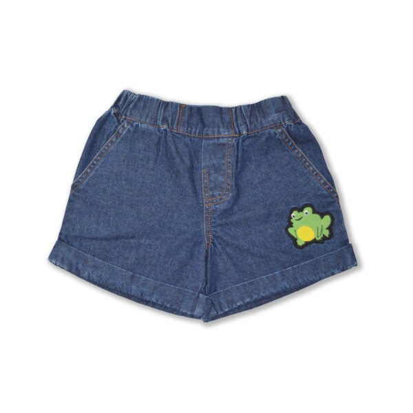 Trendy Unisex Baby Wear 100% Organic Cotton Denim Shorts with Cute Frog Embroidered - Navy - Image 2