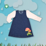 Stylish Kids Wear for Girls 100% Organic Cotton Denim Dress with Mushroom Embroidered - Blue
