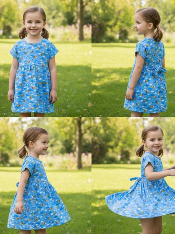 Trendy Baby Wear for Girls 100% Organic Cotton Yoke Frock with All Over Cloud and Birds Printed - Sky Blue - Image 4