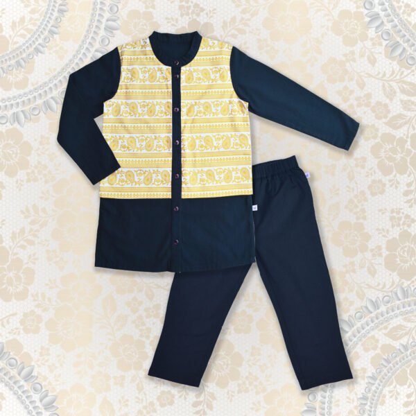 PFW-02 Boys Kurta with Golden Printed Attached Jacket & Pyjama-Navy - Image 1