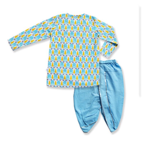 Boys Organic Cotton Printed Kurta & Dhoti Set - Light Blue - Image 2