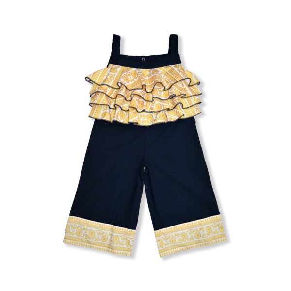 Girls Organic Cotton Golden Printed Frilled Jumpsuit - Navy - Image 2