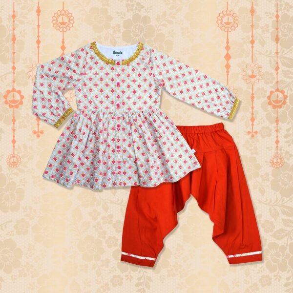 PFW-13 Girls Organic Cotton Ethnic Printed Top & Salwar-White & Red - Image 1