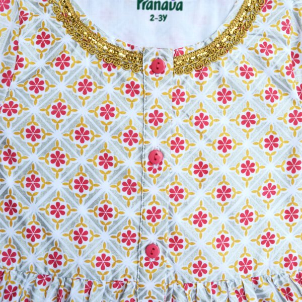 Girls Organic Cotton Ethnic Printed Top & Salwar-White & Red - Image 2