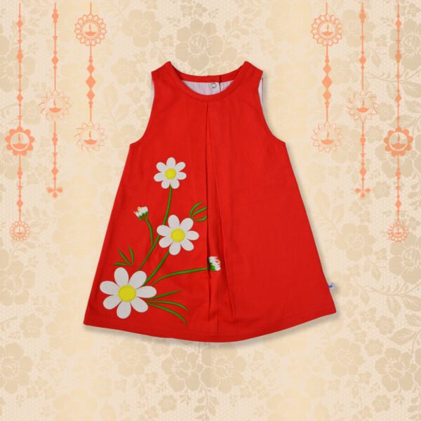 PFW-18 Girls Organic Cotton A-line Dress with Floral Embriodery-Red - Image 1