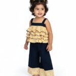 Girls Organic Cotton Golden Printed Frilled Jumpsuit - Navy
