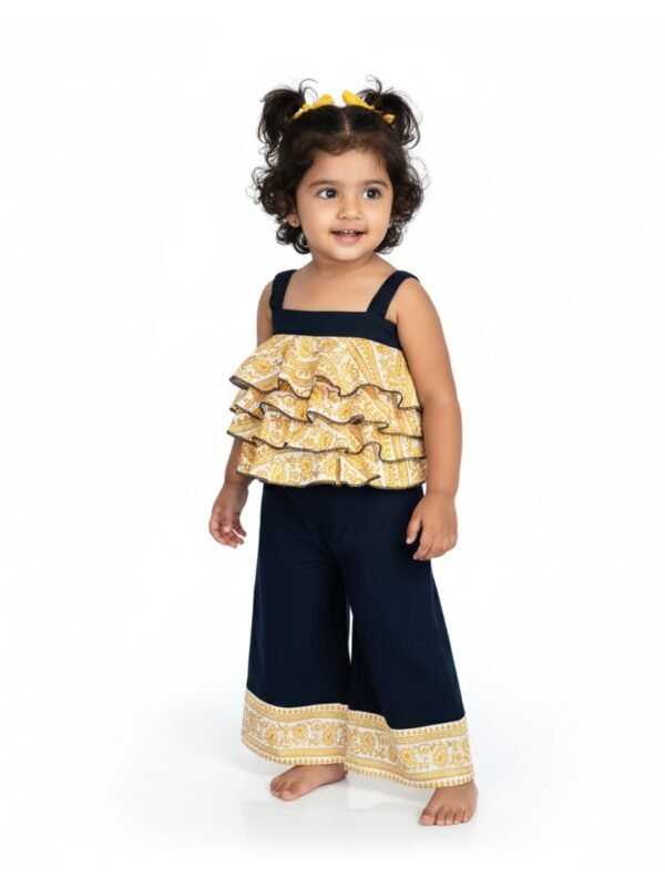 Untitled design(1) Girls Organic Cotton Golden Printed Frilled Jumpsuit - Navy - Image 1
