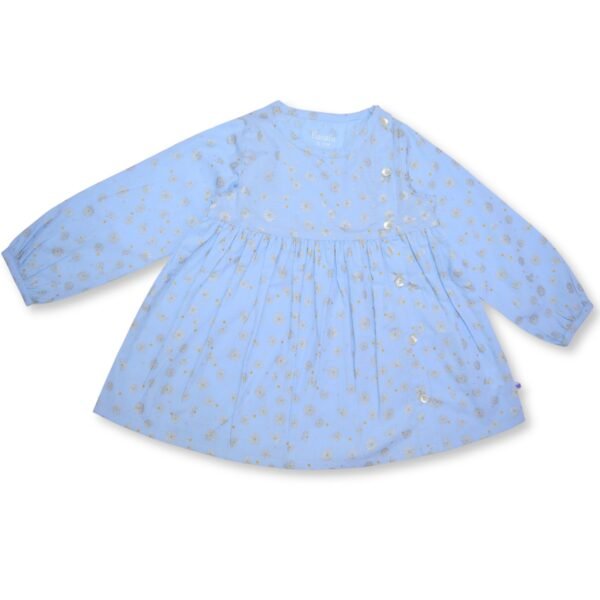 Girls Organic Cotton Gathered Shiny Printed Frock - Image 1