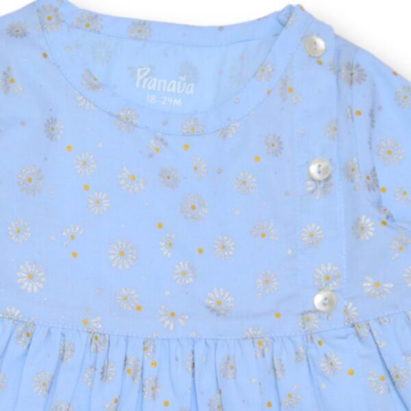 Girls Organic Cotton Gathered Shiny Printed Frock - Image 2