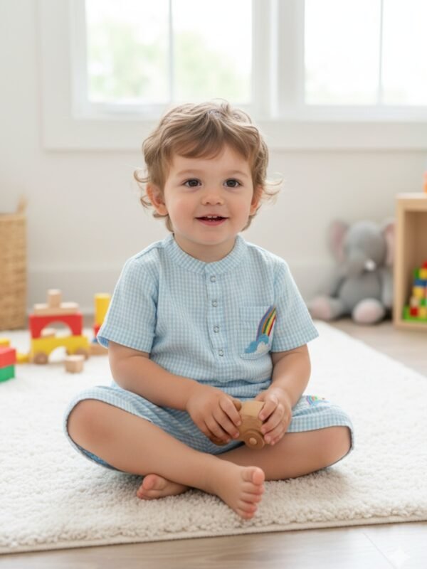 Boys Organic Cotton Seer-Sucker Aqua Checks Co-Ordinate - Image 1