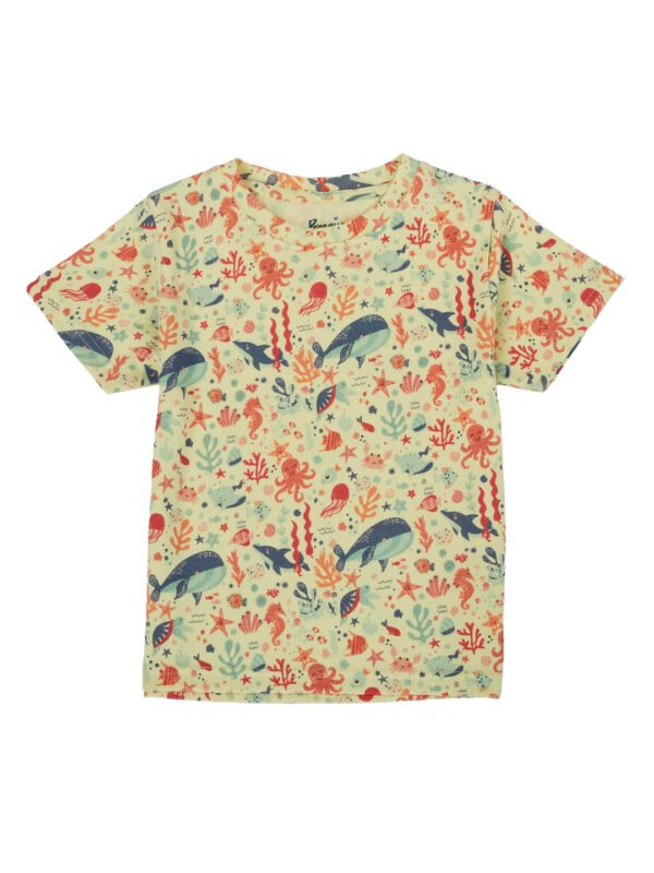 Pranava Girls Organic Cotton Single Jersey Half Sleeves Sealife All Over Print T-Shirt - Yellow - Image 2