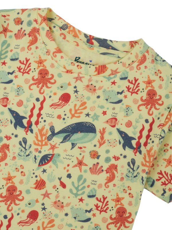 Pranava Girls Organic Cotton Single Jersey Half Sleeves Sealife All Over Print T-Shirt - Yellow - Image 5