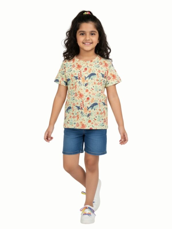 Pranava Girls Organic Cotton Single Jersey Half Sleeves Sealife All Over Print T-Shirt - Yellow - Image 6