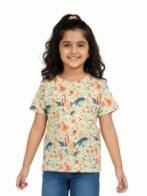 Pranava Girls Organic Cotton Single Jersey Half Sleeves Sealife All Over Print T-Shirt - Yellow