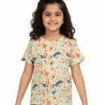 Pranava Girls Organic Cotton Single Jersey Half Sleeves Sealife All Over Print T-Shirt - Yellow