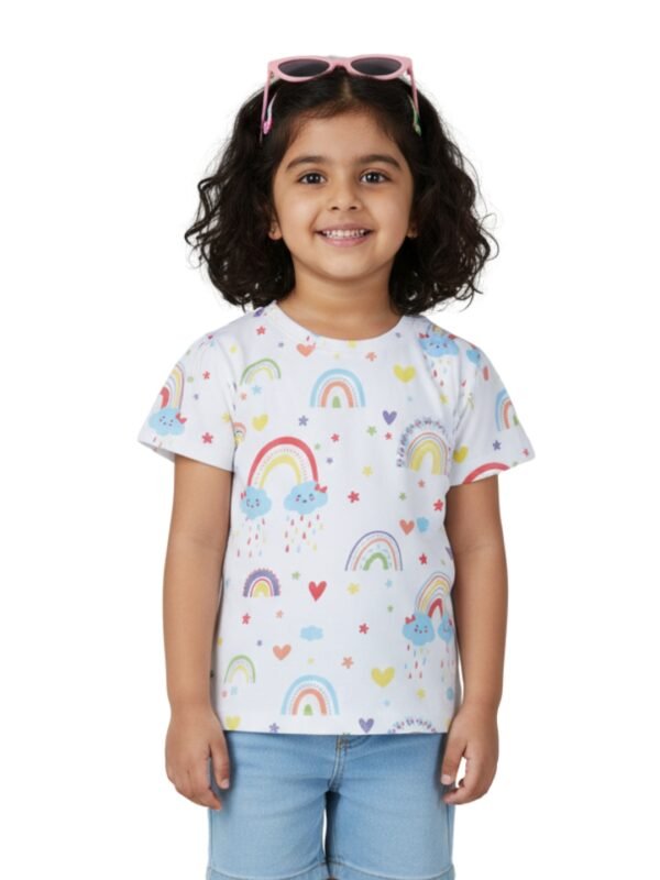Pranava Girls Organic Cotton Single Jersey Half Sleeves Rainbow All Over Print Top - White - Image 1