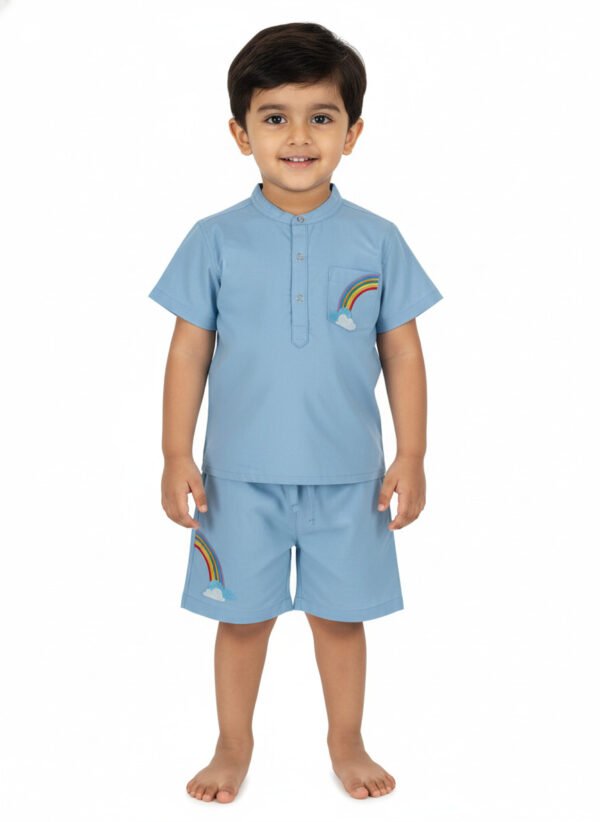 P-015_MOD Pranava Boys Organic Cotton Poplin Half Sleeves Rainbow Embroidery Shirt & Shorts Set - Tide Blue - Image 1