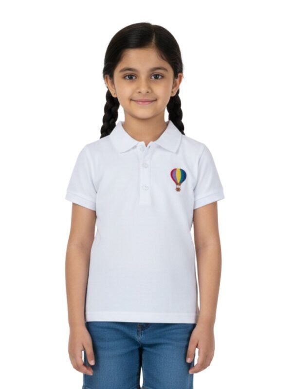 Pranava Unisex Organic Cotton Pique Half Sleeves Embroidered Balloon On Pocket Polo T-Shirt - White - Image 1