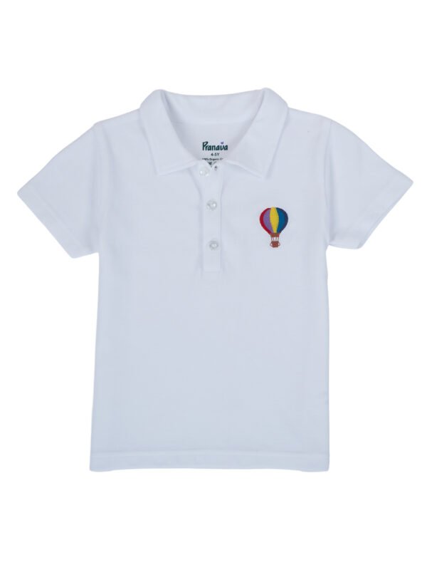 Pranava Unisex Organic Cotton Pique Half Sleeves Embroidered Balloon On Pocket Polo T-Shirt - White - Image 3