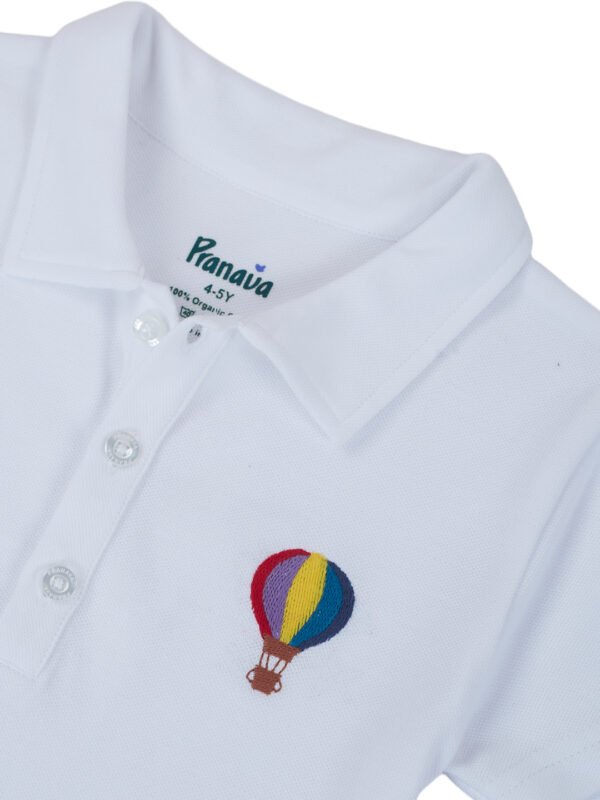 Pranava Unisex Organic Cotton Pique Half Sleeves Embroidered Balloon On Pocket Polo T-Shirt - White - Image 5