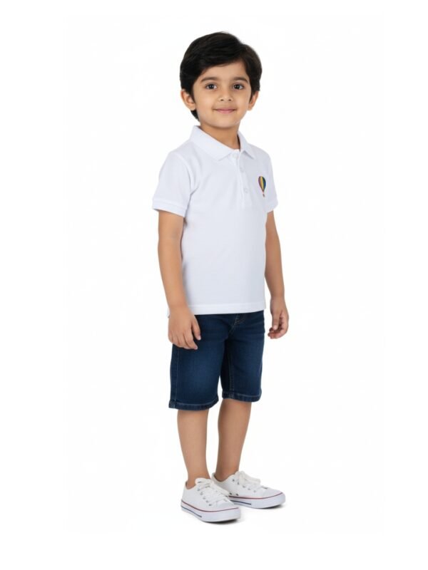 Pranava Unisex Organic Cotton Pique Half Sleeves Embroidered Balloon On Pocket Polo T-Shirt - White - Image 7