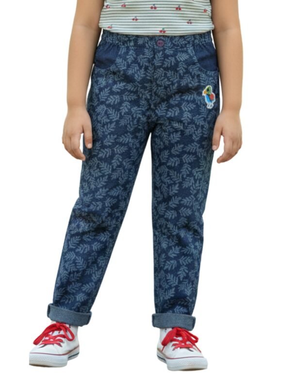 P-047_MOD_MAIN Pranava Girls Organic Cotton Denim Full Length Leaf All Over Print & Bird Print Patch Pant - Blue - Image 1