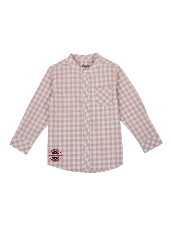 Pranava Boys Organic Cotton Poplin Full Sleeves Embroidered Gingham Check Shirt - Rose Pink - Image 3