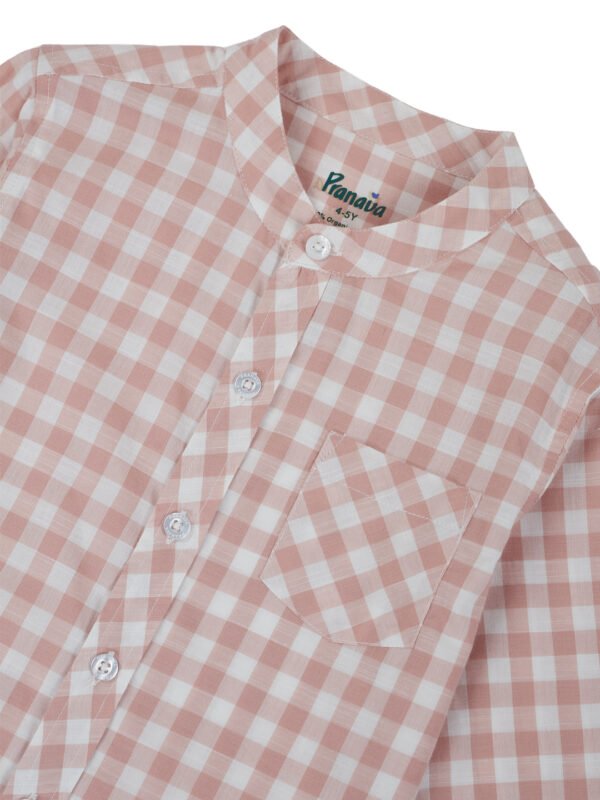 Pranava Boys Organic Cotton Poplin Full Sleeves Embroidered Gingham Check Shirt - Rose Pink - Image 5