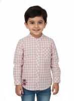 Pranava Boys Organic Cotton Poplin Full Sleeves Embroidered Gingham Check Shirt - Rose Pink