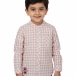 Pranava Boys Organic Cotton Poplin Full Sleeves Embroidered Gingham Check Shirt - Rose Pink
