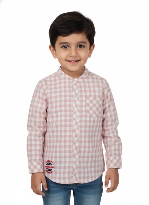 Pranava Boys Organic Cotton Poplin Full Sleeves Embroidered Gingham Check Shirt - Rose Pink - Image 1