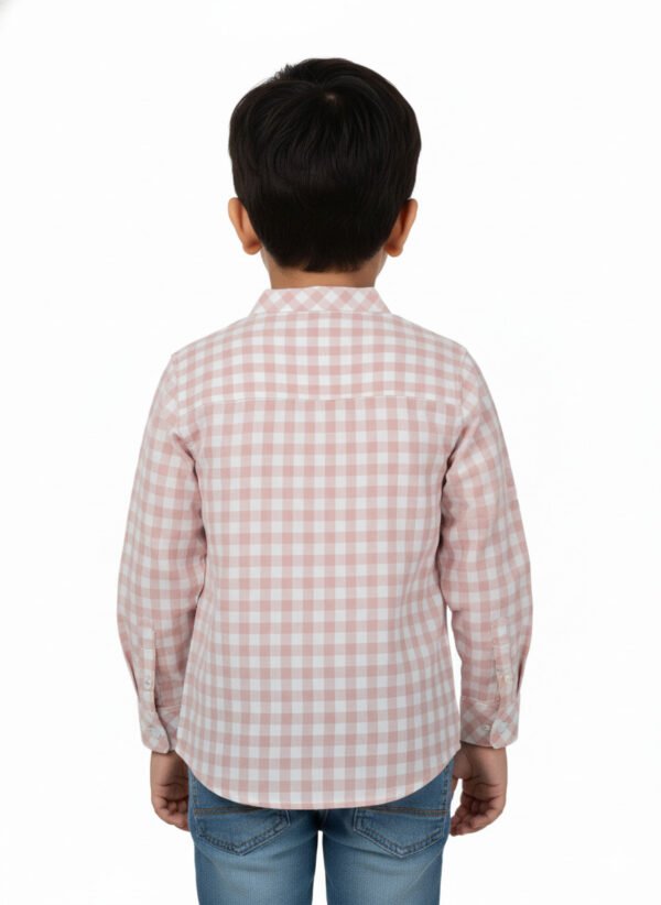 Pranava Boys Organic Cotton Poplin Full Sleeves Embroidered Gingham Check Shirt - Rose Pink - Image 2