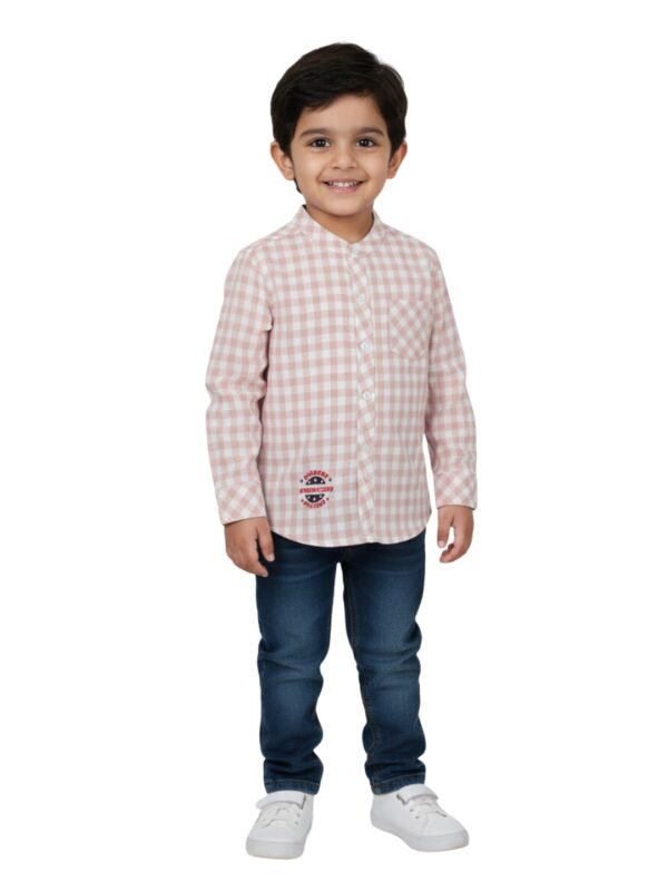 Pranava Boys Organic Cotton Poplin Full Sleeves Embroidered Gingham Check Shirt - Rose Pink - Image 6