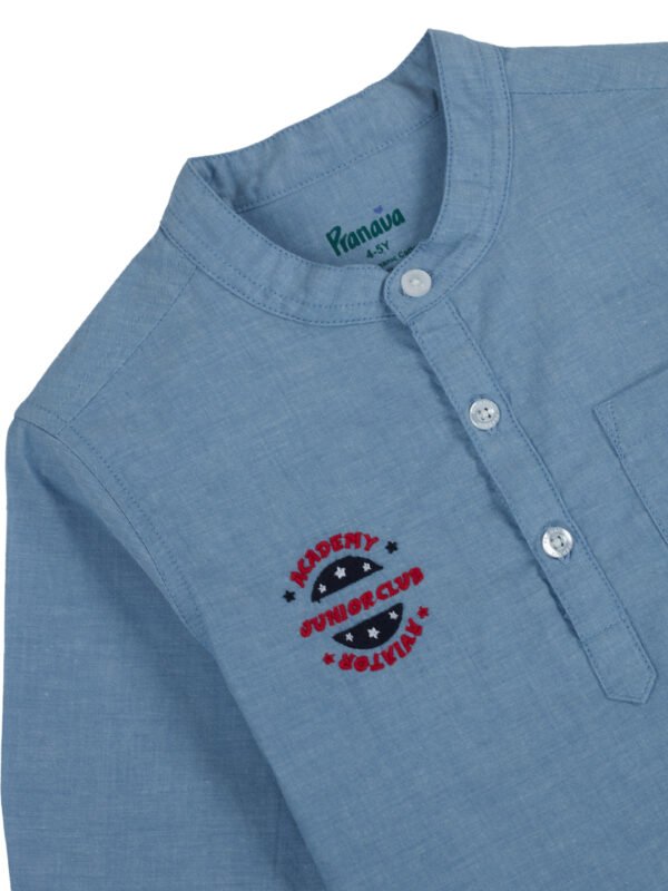 Pranava Boys Organic Cotton Chambray Full Sleeves Embroidered Academy Junior Club Patch On The Chest Solid Casual Shirt - Blue - Image 3