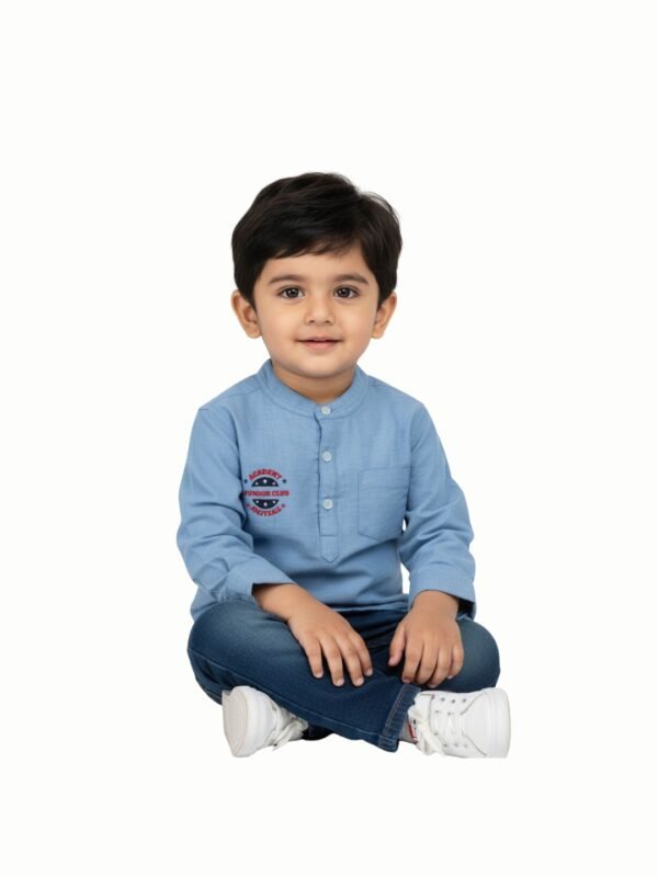Pranava Boys Organic Cotton Chambray Full Sleeves Embroidered Academy Junior Club Patch On The Chest Solid Casual Shirt - Blue - Image 4