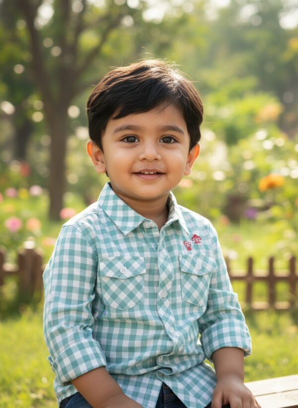 P-071_MOD Pranava Boys Organic Cotton Poplin Full Sleeves Embroidered Gingham Check Shirt - Green - Image 1