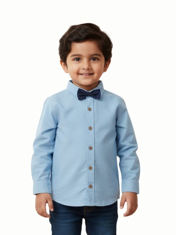 P-072_MOD_MAIN Pranava Boys Organic Cotton Poplin Full Sleeves Shirt With Bowtie - Tide Blue - Image 1