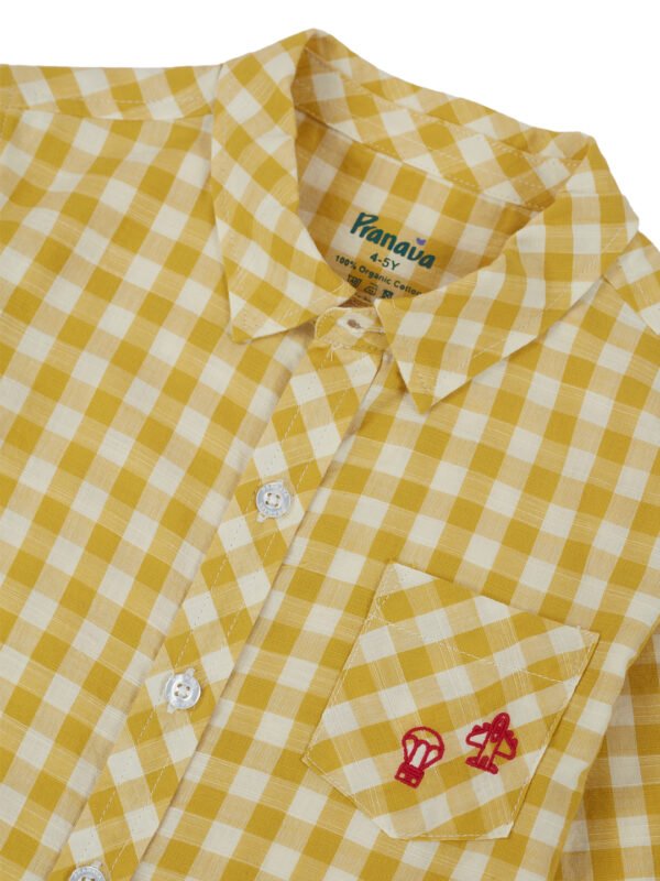 Pranava Boys Organic Cotton Poplin Full Sleeves Embroidery On The Pocket Checkered Shirt - Yellow - Image 5
