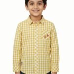 Pranava Boys Organic Cotton Poplin Full Sleeves Embroidery On The Pocket Checkered Shirt - Yellow