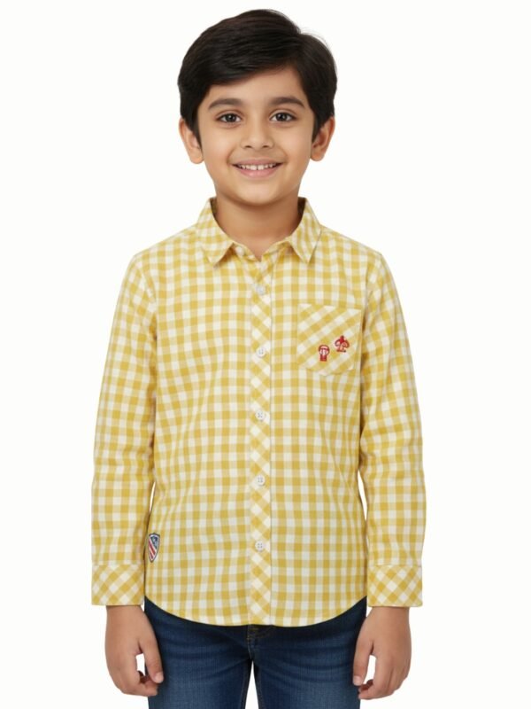 Pranava Boys Organic Cotton Poplin Full Sleeves Embroidery On The Pocket Checkered Shirt - Yellow - Image 1
