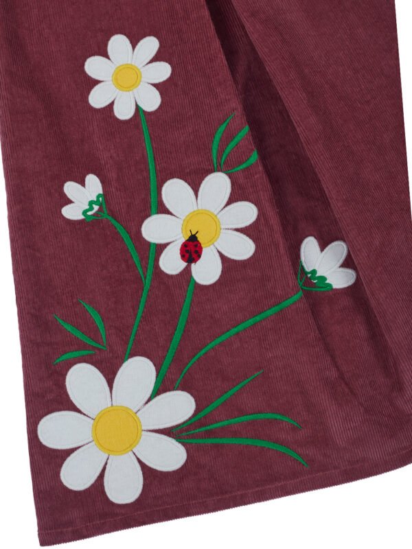 Pranava Girls Organic Cotton Corduroy Sleeveless Floral Embroidered A-Line Dress - Rhubarb Red - Image 4