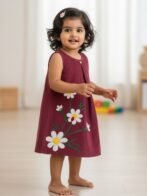 Pranava Girls Organic Cotton Corduroy Sleeveless Floral Embroidered A-Line Dress - Rhubarb Red