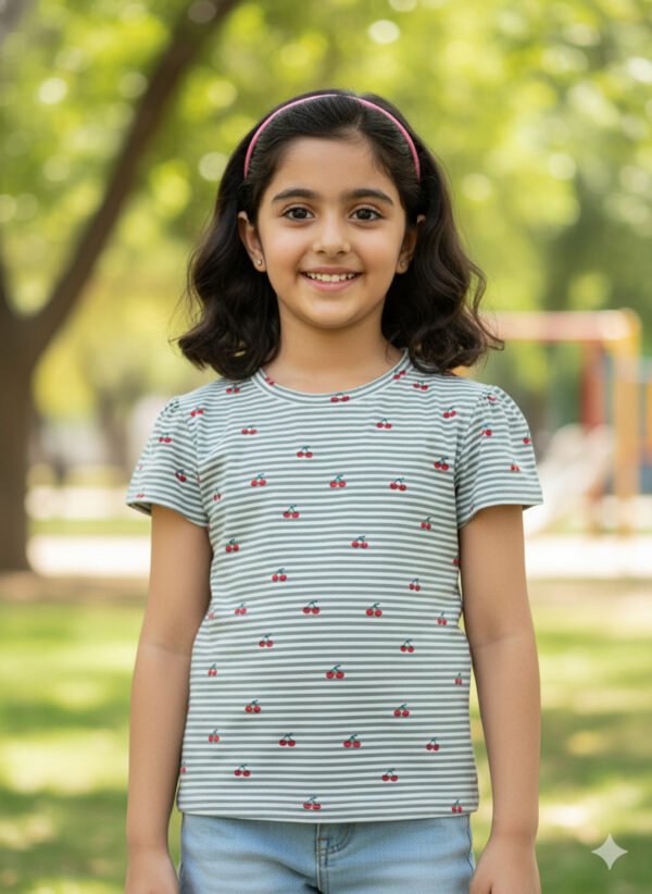 P-081_MOD Pranava Girls Organic Cotton Single Jersey Half Sleeves Cherry All Over Print Top - Green - Image 1