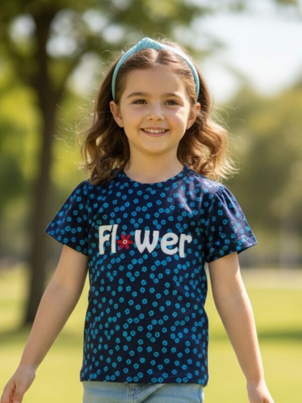 P-082_MOD Pranava Girls Organic Cotton Single Jersey Half Sleeves Flower All Over Print Top - Navy Blue - Image 1