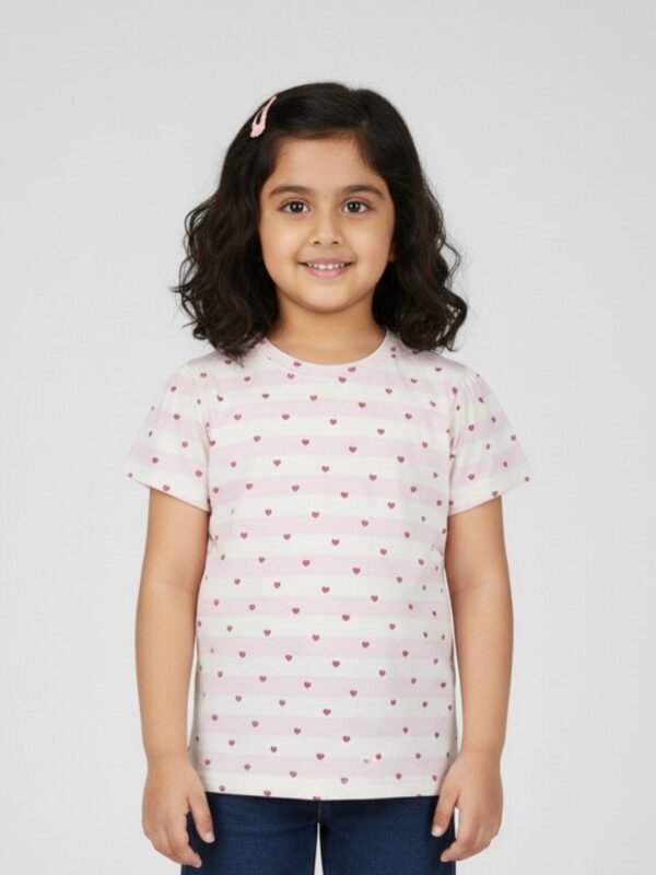 P-083_MOD Pranava Girls Organic Cotton Single Jersey Half Sleeve Heart All Over Print Top - Pink - Image 1