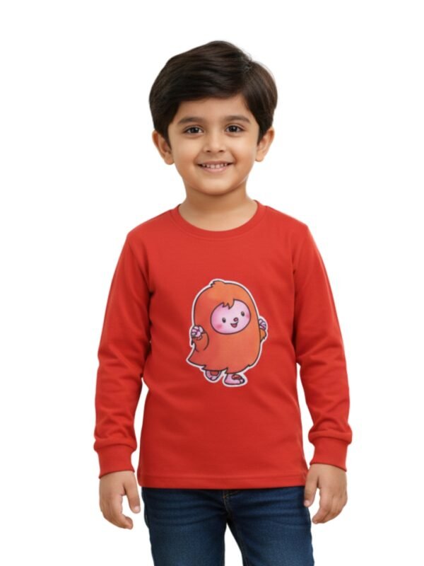 Pranava Boys Organic Cotton Interlock Full Sleeves Applique Print T-Shirt - Orange - Image 1