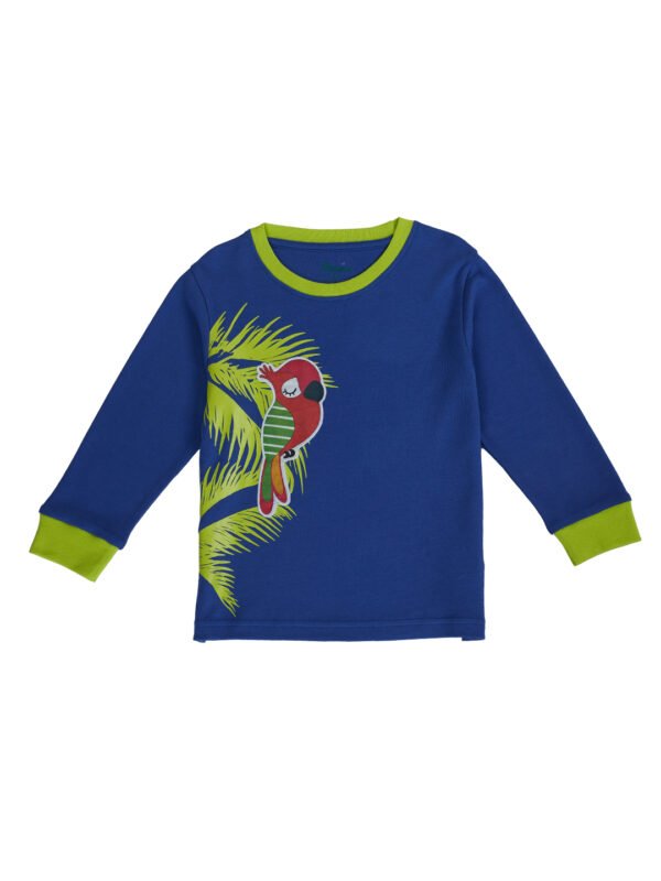 Pranava Boys Organic Cotton Interlock Full Sleeves Tropical Print With Parrot Applique T-Shirt - Blue Tang - Image 2